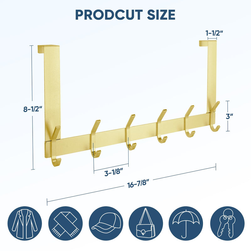 [Australia - AusPower] - TICONN Over The Door Hooks, 6 Heavy Duty Dual Coat Rack All Aluminium Coat Hanger for Jacket Hat Towel in Bathroom Bedroom Dorm (Gold, 2PK) 2 Gold 