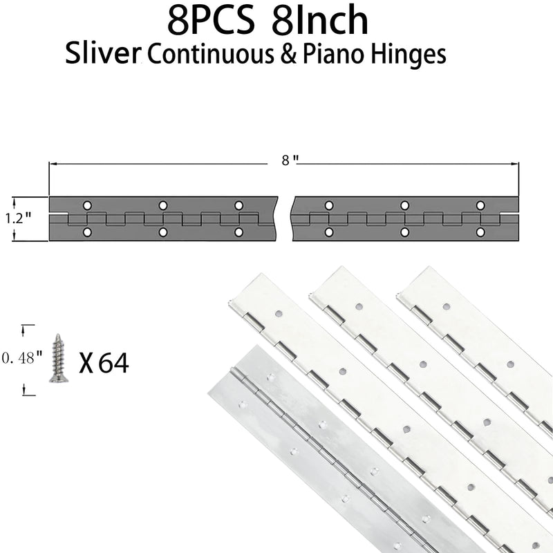 [Australia - AusPower] - 8PCS Silver 8 Inch Heavy Duty Stainless Steel Continuous Piano Hinge,1.2" Open Width Piano Hinges for Wood Furniture Tool,Piano Cabinets, Includes Pre-Drilled Holes and Screws 8"-8PACK 