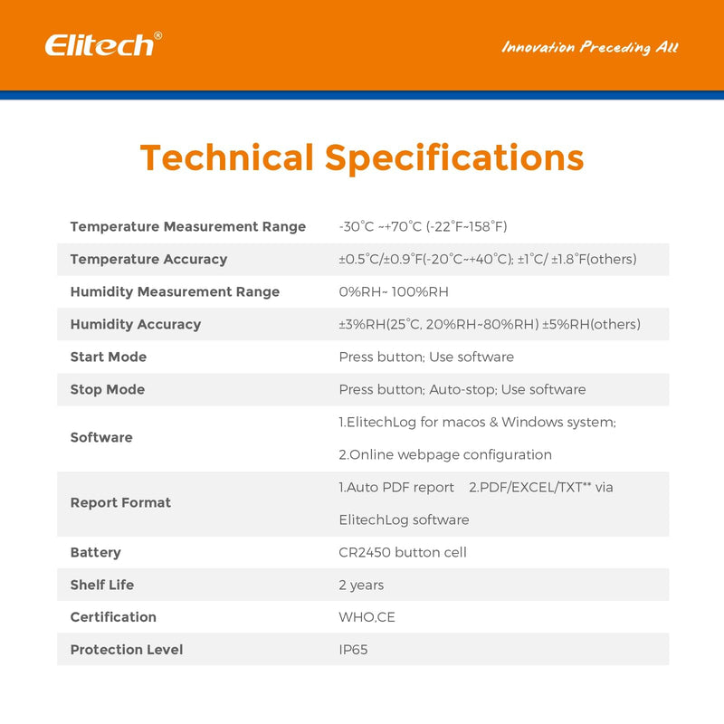 [Australia - AusPower] - Elitech WHO PQS Certificated 2 Pack 120 Days Temperature Humidity Data Logger with Light Sensor Single-Use Cold Chain Monitor (CCM) Temperature Recorder with PDF Report 16000 Points LogEt1-TH Internal Temp-Humi Standard 