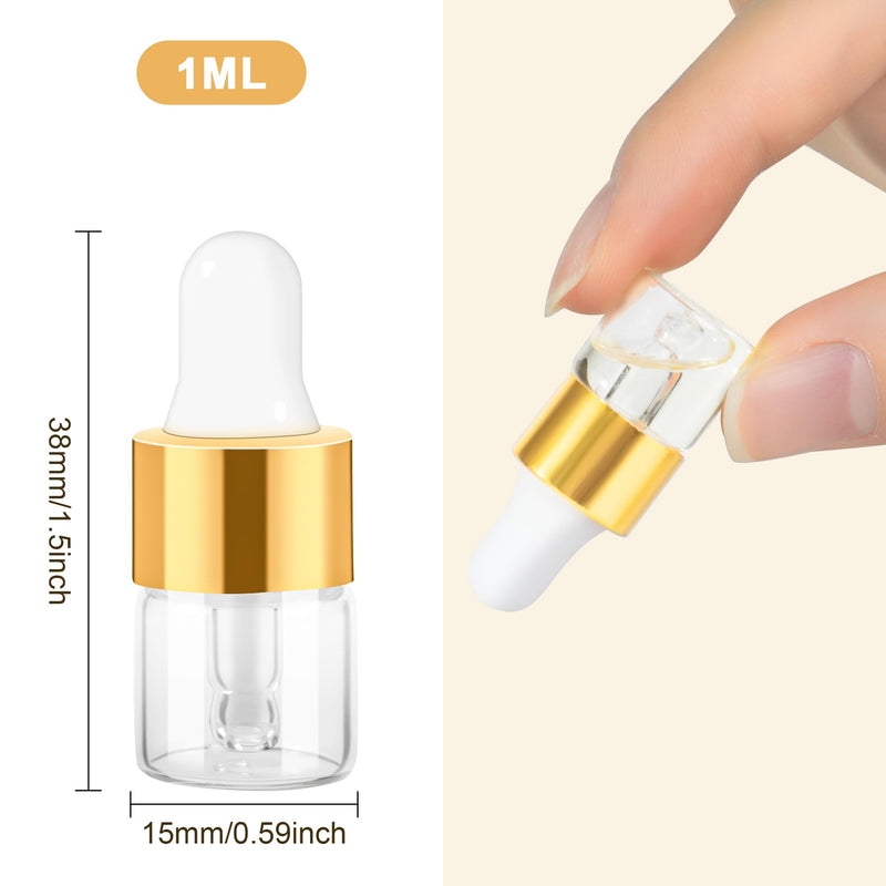 [Australia - AusPower] - 10pcs Mini Glass Dropper Bottle for Essential Oil,1ml Small Clear Sample Dropper Vails with Gold Cap,Perfume Cosmetic Liquid Containers for Traveling 10 1ml 