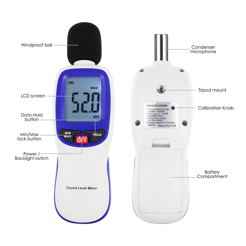 [Australia - AusPower] - Sound Level Meter, Digital Sound Level Meter with Bluetooth Enabled Decibel Meter 30~130dBA Range MAX/MIN Data Hold with LCD Display and Backlight for Home, School Bluetooth sound level meter 
