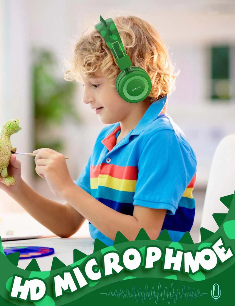 [Australia - AusPower] - SIMJAR Dinosaur Kids Headphones with Microphone for School, Volume Limiter 85/94dB, Over-Ear Girls Boys Headphones for Kids with Foldable Wired Headphones for iPad/Travel/Tablet Green 