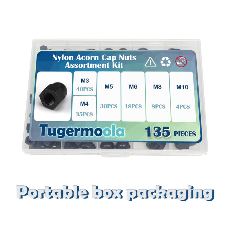 [Australia - AusPower] - 135PCS Metric Nylon Acorn Cap Nuts Assortment Kit M3 M4 M5 M6 M8 M10 Female Thread Dome Hex Nut Caps Covers Set OLA003 