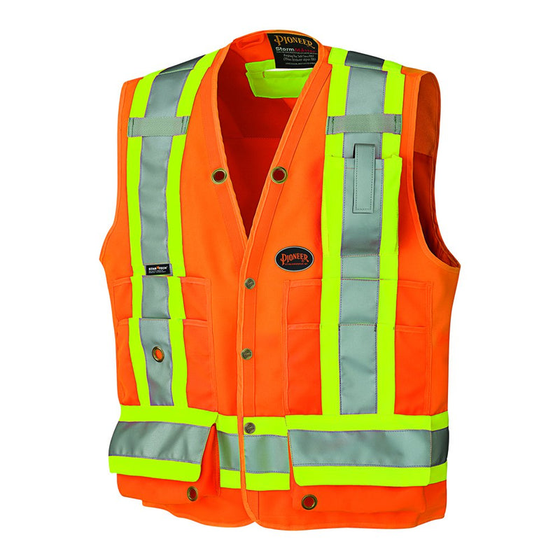 Pioneer High Visibility Woven Surveyor Safety Vest with Mesh Vents, Reflective Tape, 19 Pockets, Orange, Unisex, 4XL, V1010150U-4XL 4X-Large