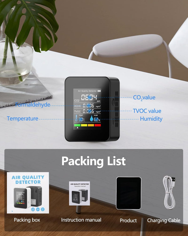[Australia - AusPower] - Air Quality Monitor Indoor, Professional Portable CO2 Detector, TVOC HCHO Humidity Temperature Meter, Air Quality Tester Analyzer for Office Car 