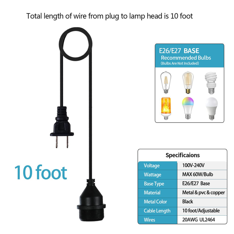 [Australia - AusPower] - 10Foot With Wire Electric Light Socket Waterproof Plug Light Outdoor Plug Light E26/E27 Socket With Wire Electric Light Socket Temporary Building Lighting Waterproof Socket With Wire Electric 6017 (1 Pack)10foot With plug 6017 