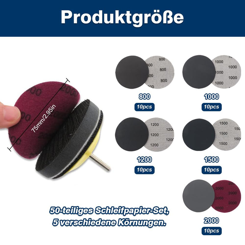 Sanding Disc Pads, 50 Pieces, Hook and Loop Sandpaper, 75mm | 800/1000/1200/1500/2000 Grits, Wet/Dry Sanding Discs for Automotive, Metal, and Wood
