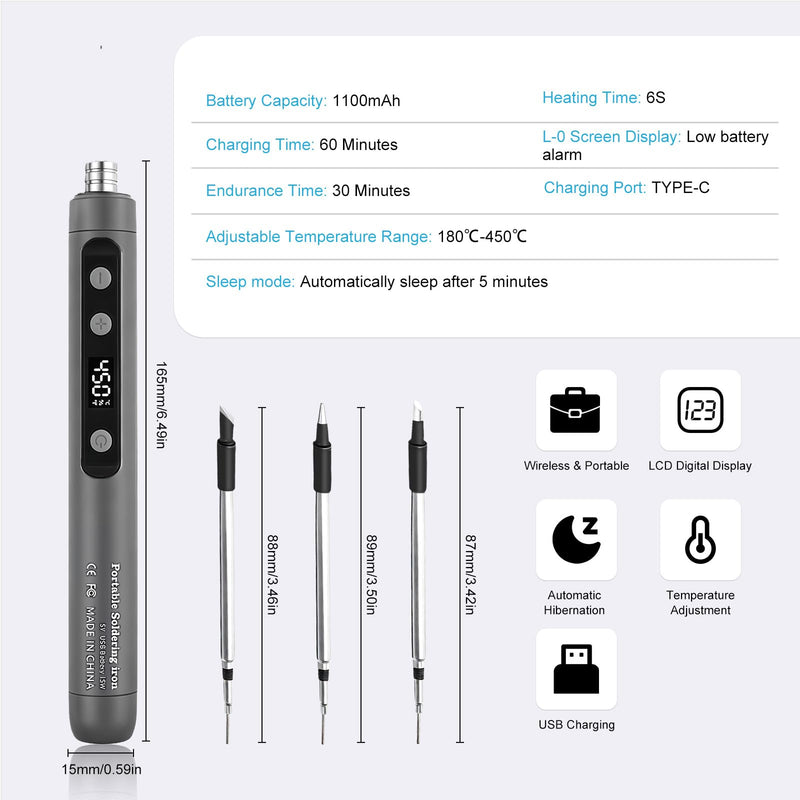Flintronic Battery Soldering Iron Set, USB Wireless Soldering Iron Set with LCD, Adjustable Temperatures 180 ℃-450 °C, Rechargeable with 3 Soldering Tips/Soldering Wire/Soldering Paste for Repair of Welding #2 A-grey