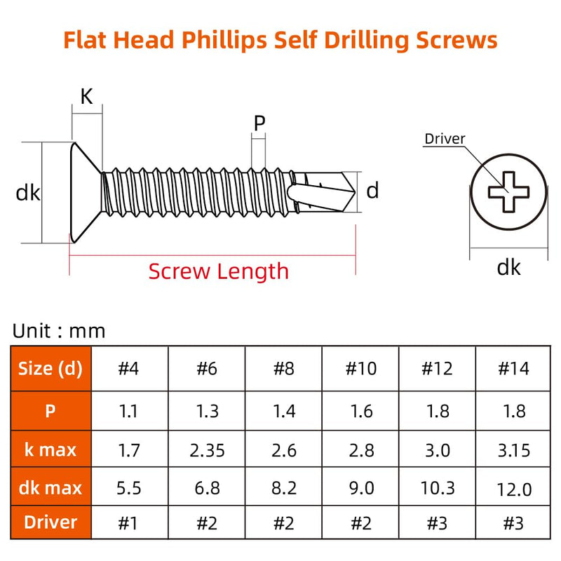 [Australia - AusPower] - #6 x 1/2" Flat Head Self Drilling Screws Sheet Metal Screws, 410 Stainless Steel, 100 PCS #6 x 1/2" 
