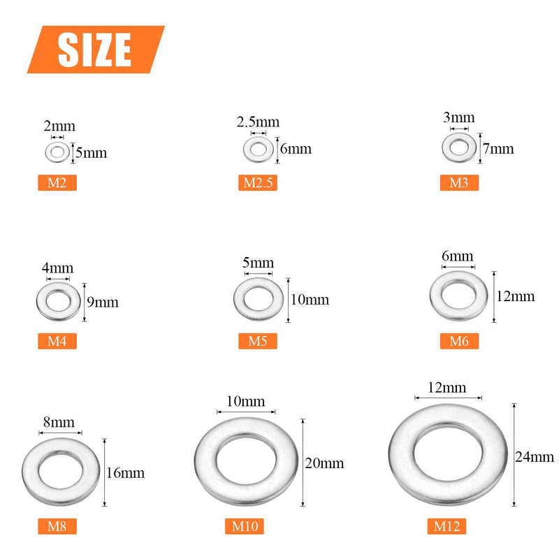 [Australia - AusPower] - 600 Pieces 9 Sizes 304 Stainless Steel Flat Washers Assortment Kit (M2 M2.5 M3 M4 M5 M6 M8 M10 M12) 
