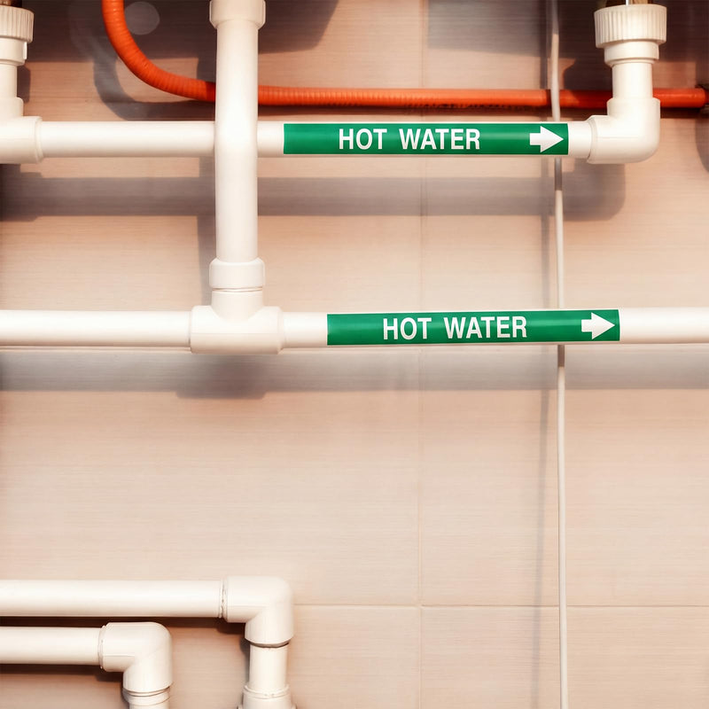 1 Roll Economy Pipe Markers - 1" Height x 8" Hot Water Pipe Labels, White On Green Pressure Sensitive Vinyl