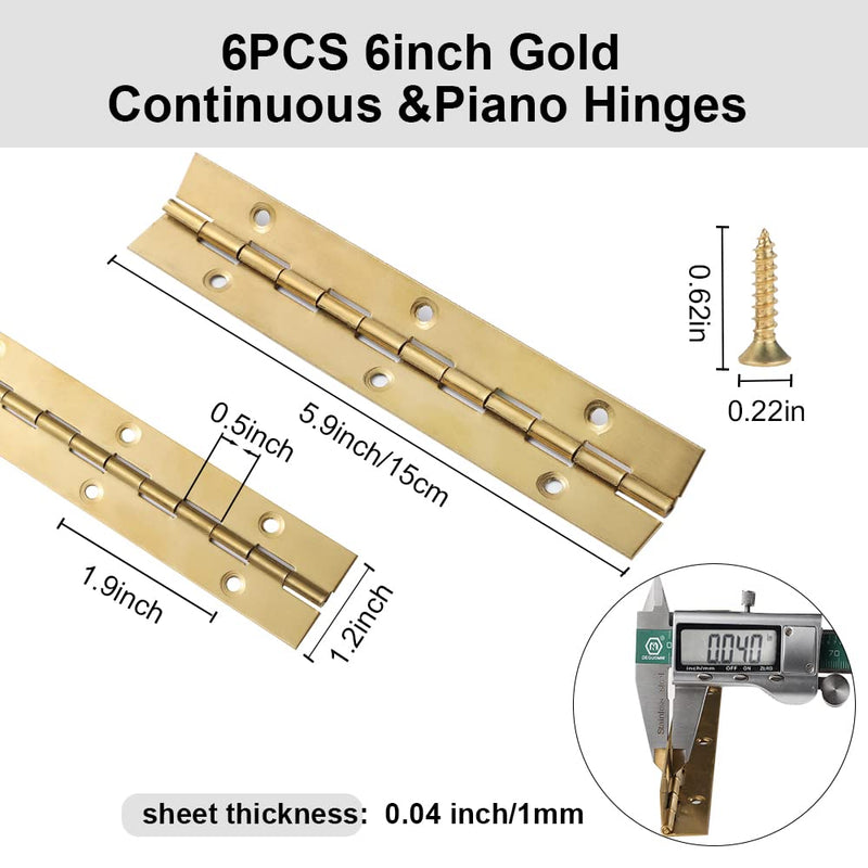 6 Inch Gold Stainless Steel Piano Hinges, 6 Pcs Continuous & Piano Hinge with Holes, Heavy Duty Piano Hinge 0.04" Leaf Thickness, 1.2'' Open Width for Furniture Cabinet Door Wooden Box Woodworking 6 Inch