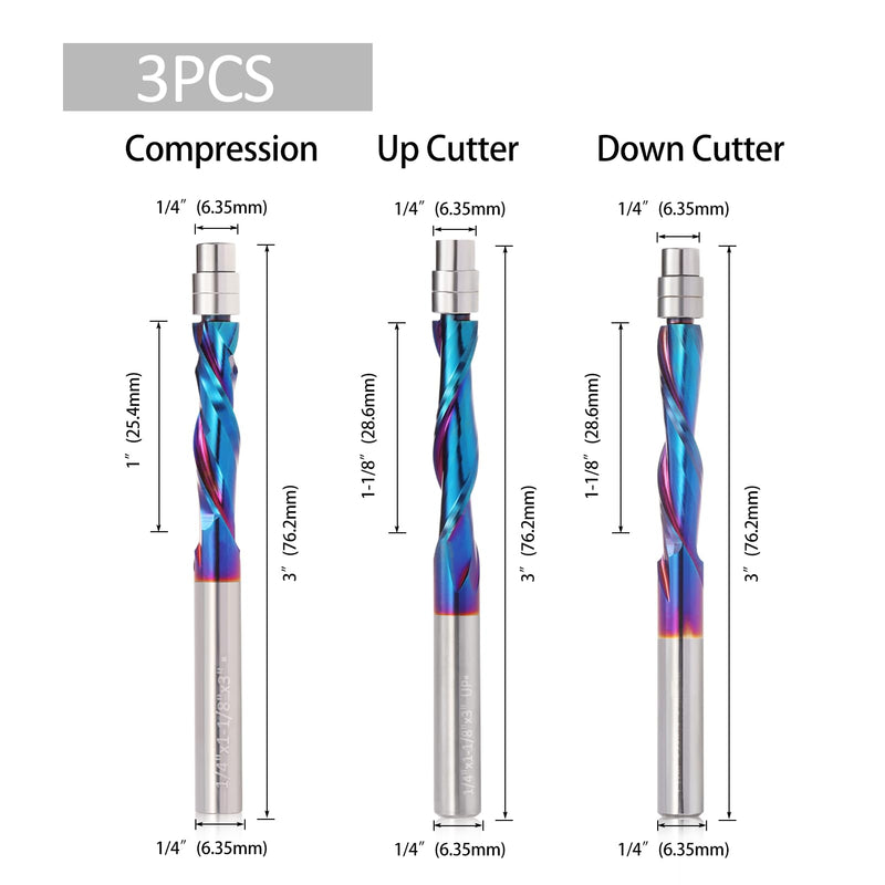 [Australia - AusPower] - 3PCS Spiral Flush Trim Router Bit Set ,1/4 Inch Shank , with Nano Coated ,for Wood Trimming,Set of 1pcs Up Down Compression Router Bit+ 1pcs Downcut Bits+1pcs Up Cut Bits 3 Up Cut +Down Cut + Compression Cut 