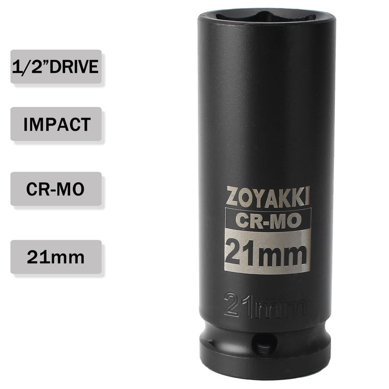 [Australia - AusPower] - 1/2" Drive x 21 mm Deep 6 PT Impact Socket, CR-MO, 1/2-inch Drive 6 Point Axle Nut Socket for Easy Removal of Axle Shaft Nuts (21MM) 21mm 