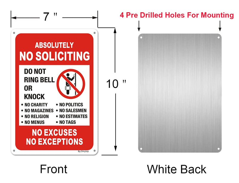 [Australia - AusPower] - 2 Pack Absolutely No Soliciting Yard Sign for House -10" x 7" No Excuses No Exceptions Do Not Ring Bell No Knock Metal Sign for Front Door，UV Protectd Rust & Fade Resistant 10" x 7" 