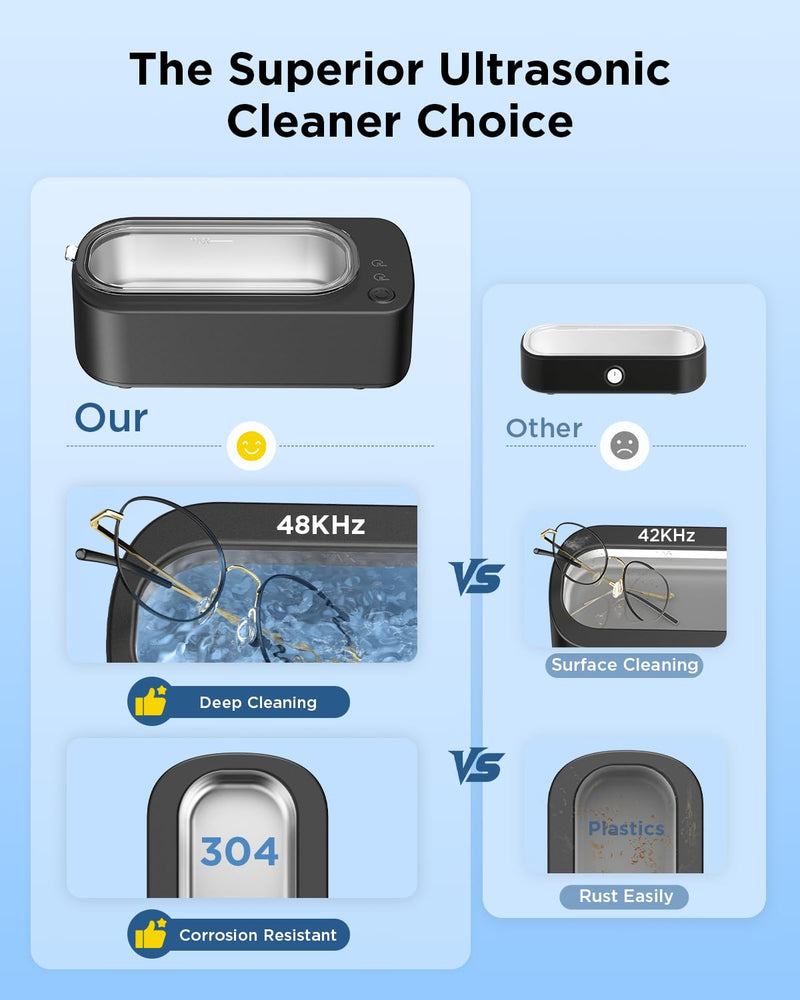 Ultrasonic Jewelry Cleaner Machine: 48KHz Ultra Sonic Cleaner for Jewelry,Eyeglass,Rings,Watch Band,Dentures,with Dual Cleaning Modes,350ML 304 Stainless Steel Tank,Gift for Wife,Mom,Daughter Black