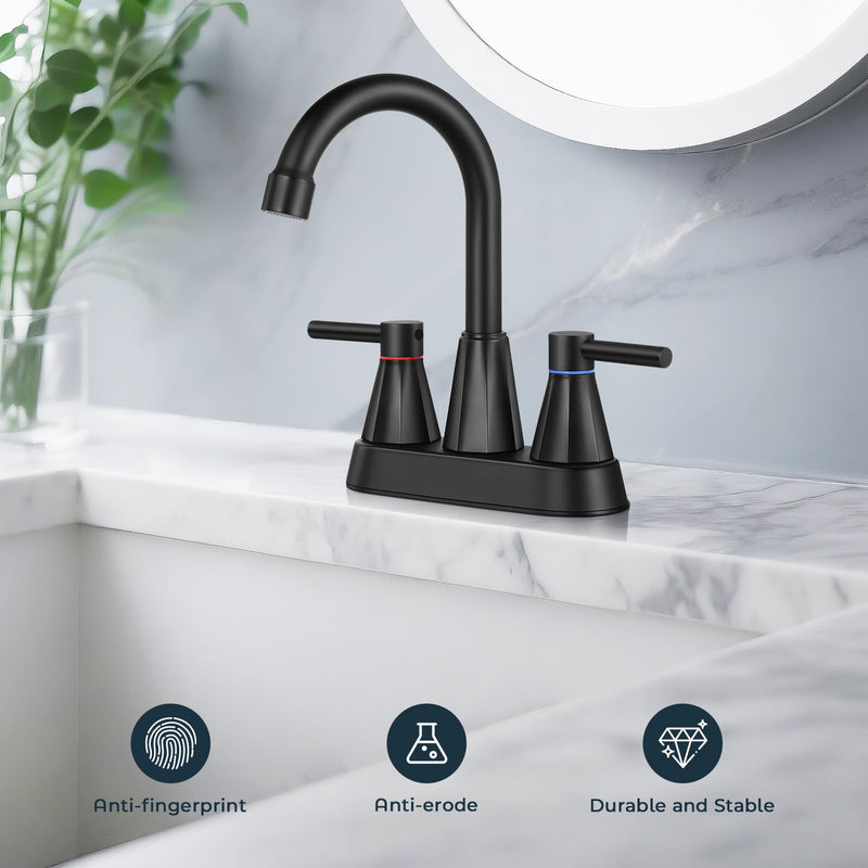4" Bathroom Sink Faucet, 2-Handle Matte Black, Pop-Up Drain Included | 360° swivel spout, ceramic cartridge, 20% water-saving aerator, RV ready