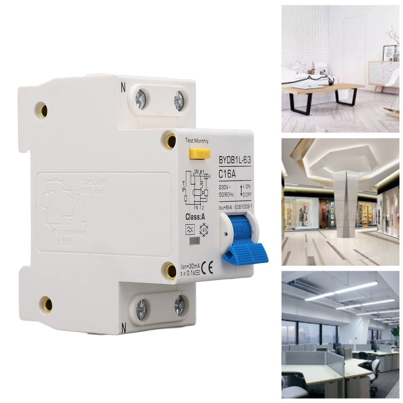 Fi Circuit Breaker, AC 230 V 30 mA 16 A 1P+N Circuit Breaker, A Type C16 Single-Pole Circuit Breaker, DIN Rail, Leakage Protection, Overload Protection, Residual Current Circuit Breaker, FI/LS Switch 16A