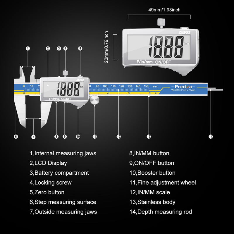 [Australia - AusPower] - Preciva Digital Caliper, Stainless Steel Vernier Caliper Digital, Micrometer Calipers with Large LCD Screen, Auto-Off Feature, Inch Millimet Conversion, 6 Inch Caliper Tools for DIY/Household cr2032 
