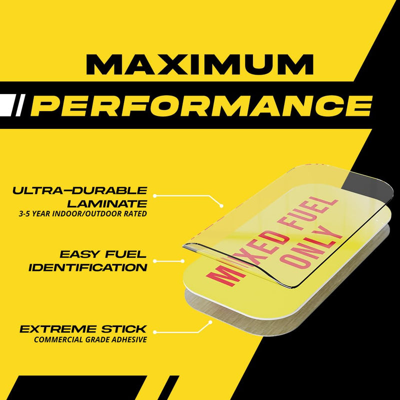 Mixed Fuel Sticker 50:1, 2 Cycle Labels for Outdoor Fuel Power Equipment - Weather Proof, Extreme Stick, Commercial Grade Labelss by Fuel Stickers - USA Made (2x1 inch), 4 Labels Mixed Fuel 50:1 4-Pack
