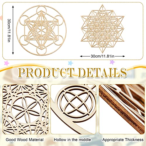Leinuosen 4 Pcs Sacred Geometry Crystal Grid Wall Art Boards, Wood Color