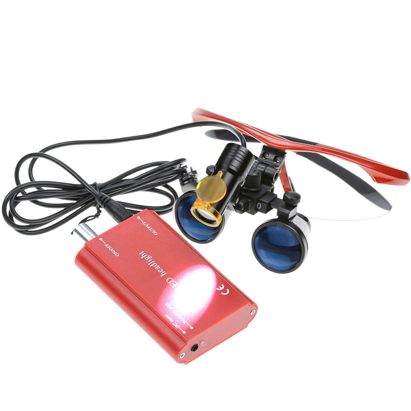 BoNew 3.5X Surgical Binoculars Magnifier Optical Glass 5W LED Headlight Powerful with Clip On Filter Aluminum Box (Red)
