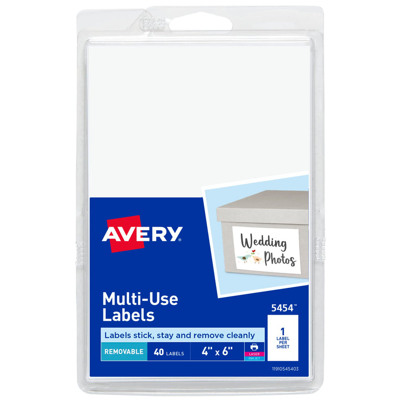 Avery Removable Labels, 4" x 6" Blank Labels, Laser/Inkjet Printable, 40 per Pack (5454) 40 labels