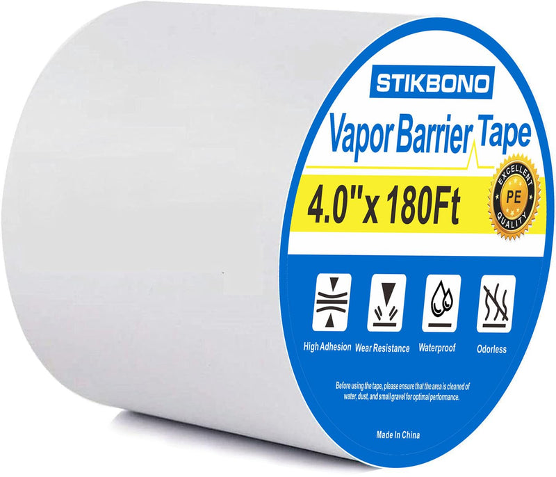 Vapor Barrier Tape 4 Inch x 180' x 4mil 1-Pack Moisture Barriers Seal Seam Tape, White Polyethylene Tape for Crawl Space,Waterproof, Underlayment,Metal and Plastic Sheeting 4inch x 180ft