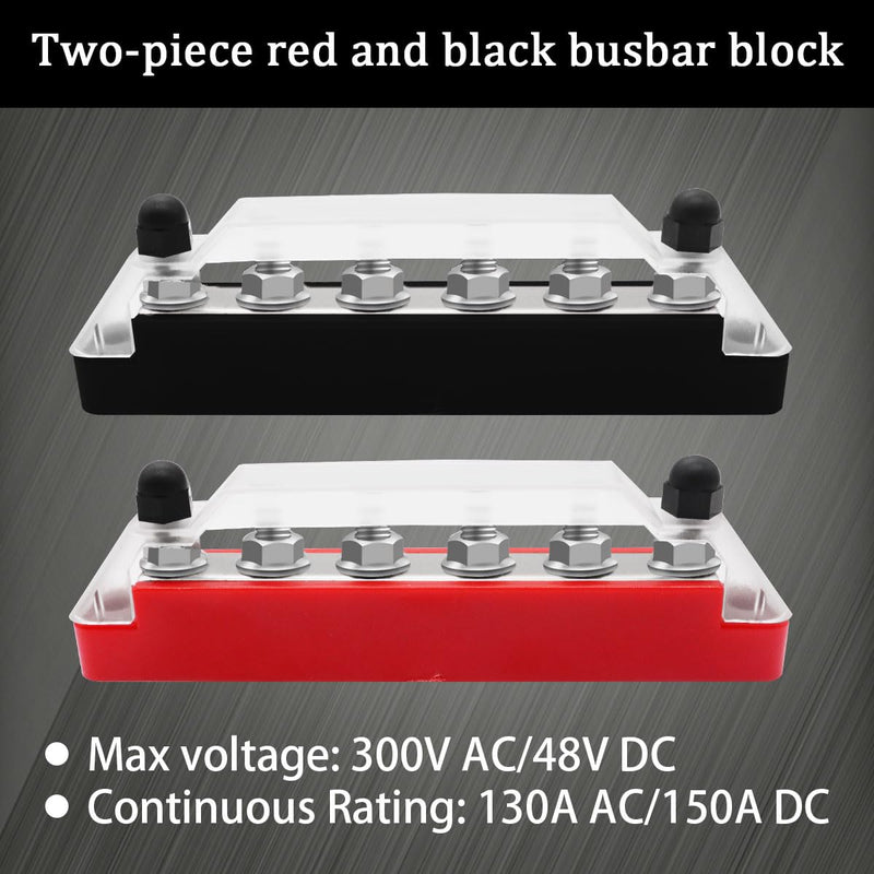 [Australia - AusPower] - (Red+Black) Power Distribution Terminal Block with Cover with 6 x 1/4” (M6) Post,Battery 12V Bus Bar with Ring Terminals for Car Boat Marine O-078 150A 6 x 1/4" (M6) 