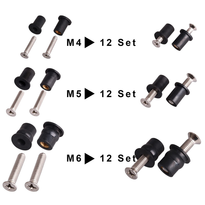 [Australia - AusPower] - 36 Pairs M4 M5 M6 Neoprene Well Nuts with Stainless Steel Screw M5 Rubber Well Nuts Kayak Brass Copper Bolts Well Nut Kit for Kayak Motorcycle Boat Marine Windscreen Accessories (M4 M5 M6) M4 M5 M6 each 12 Pairs Black 