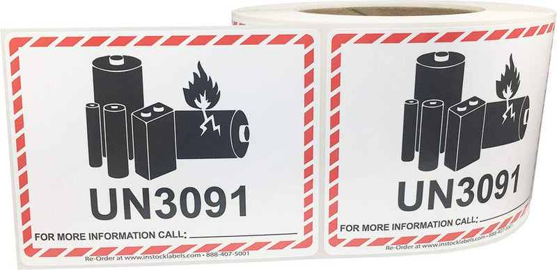UN3091 Caution Lithium Battery Labels 3.25 x 4.25 Inch 500 Total Stickers for Smaller Packages Only