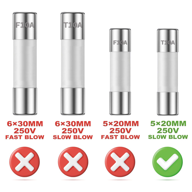 [Australia - AusPower] - 10A 250V 5x20MM Slow Blow Ceramic Fuses 10 Amp 250 Volt 0.2 x 0.78 Inch Time Delay Tube Fuse T10AL250V (Pack of 10Pcs) T10A 