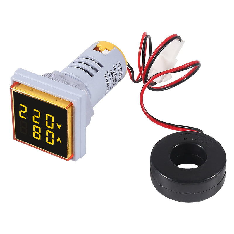 [Australia - AusPower] - 2pcs AC 60-500V 0-100A Digital Ammeter Voltmeter, 22mm Square LED Dual Display Voltage Gauge with Transformer, 110v 220v Voltage Tester Current Meter (Yellow) 