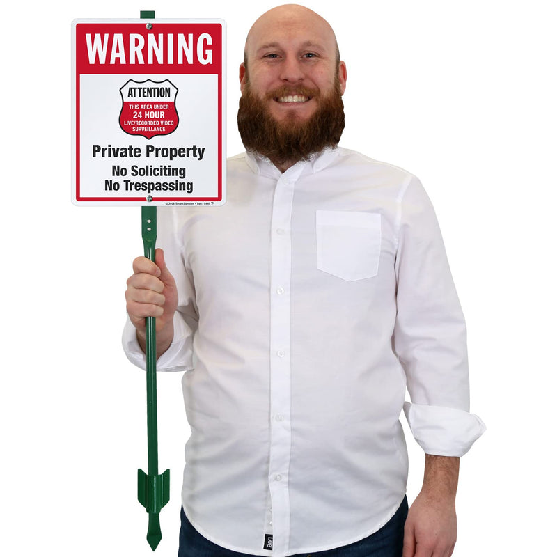 SmartSign 12" x 10" 'Warning - Private Property, No Soliciting/Trespassing, Area Under Surveillance' Yard Sign with 3 ft Stake, 40 mil Laminated Rustproof Aluminum, Red/Black/White