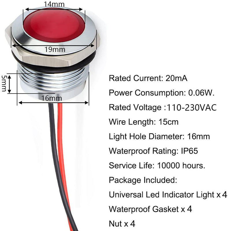 [Australia - AusPower] - 4pcs 110V 20mA Energy Saving Indicator Metal Indicator Lamp Waterproof Signal Lamp Hole Size 16mm Red LED (Spherical Surface Head) 
