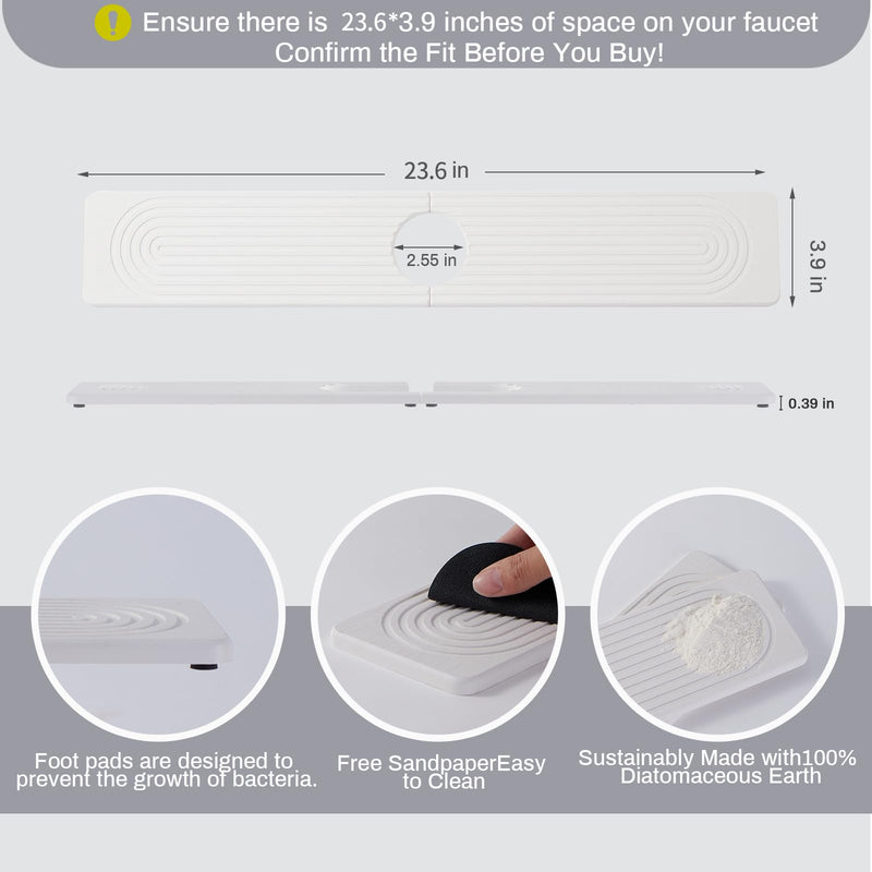 Stone Faucet Mat for Kitchen Sink, Faucet Mat Fast Drying Diatomite, Sink Splash Guard Water Absorbing Stone Tray for Sink, Counter Protector for Kitchen & Bathroom White.23.6" x 3.9"‎