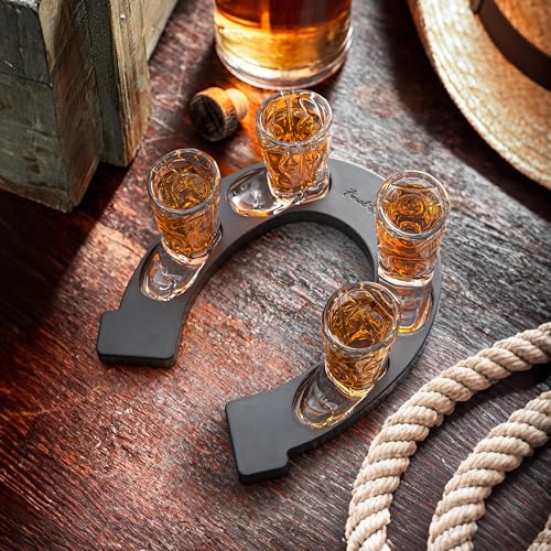 Final Touch Cowboy Boot Shot Glasses with Horseshoe Serving Tray, Set of 4 Clear