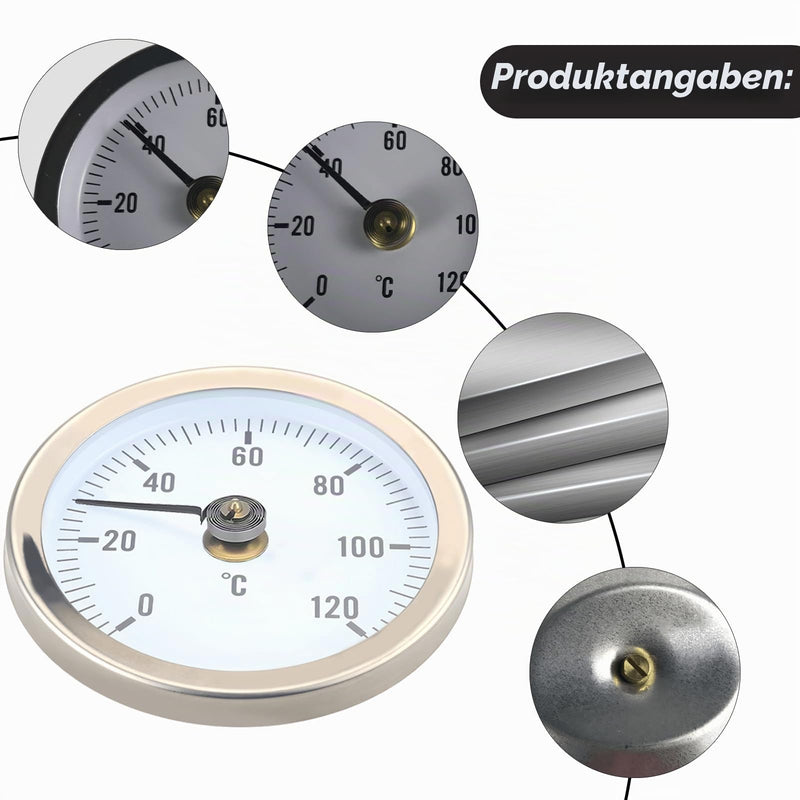 Heating Pipe Attachment Thermometer, Pack of 4, Bimetal Thermometer, Industrial Pipe Thermometer, Temperature Display with Clip-On Spring, Pointer Thermometer 0-120°C 63 mm Tube Thermometer