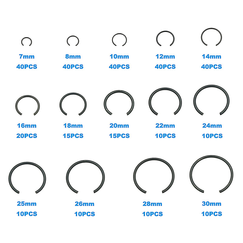 [Australia - AusPower] - 310PCS 14-Sizes Round Wire C-Clips Internal Snap Rings Assortment Kit;Round Wire Snap Rings for Hole(Black 7mm-30mm) 