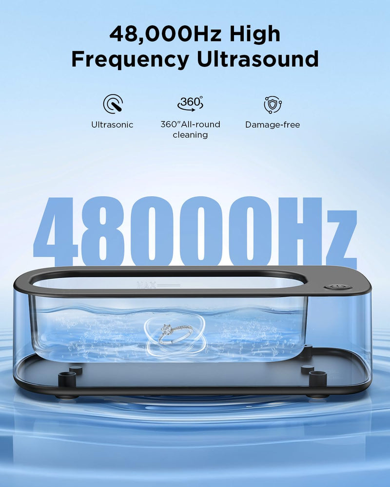 Ultrasonic Jewelry Cleaner Machine: 48KHz Ultra Sonic Cleaner for Jewelry,Eyeglass,Rings,Watch Band,Dentures,with Dual Cleaning Modes,350ML 304 Stainless Steel Tank,Gift for Wife,Mom,Daughter Black