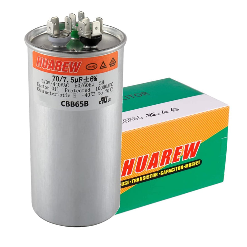 [Australia - AusPower] - 70+7.5 uF ±6% 70/7.5 MFD 370/440 VAC CBB65 Dual Run Start Round Capacitor for Condenser Straight Cool or Heat Pump Air Conditioner or AC Motor and Fan Starting 