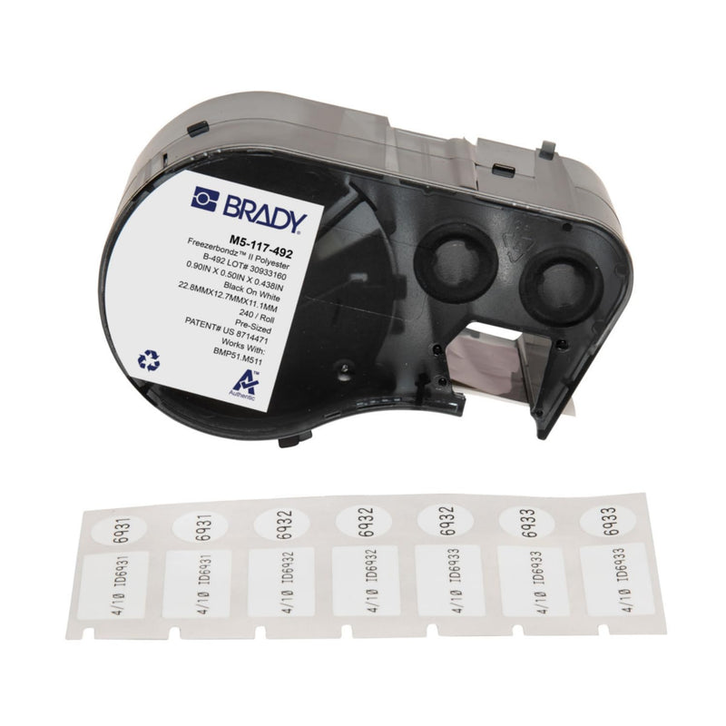 Brady Authentic (M5-117-492) FreezerBondz™ Ultra-Thin Cryogenic Polyester LBL 0.5 x 0.9 x 0.44Dia Black on White, 240 Labels. for use with the BMP51 and M511 Label Printers 22,86 mm (W) x 12,70 mm (H) x 11,18 mm (Dia)