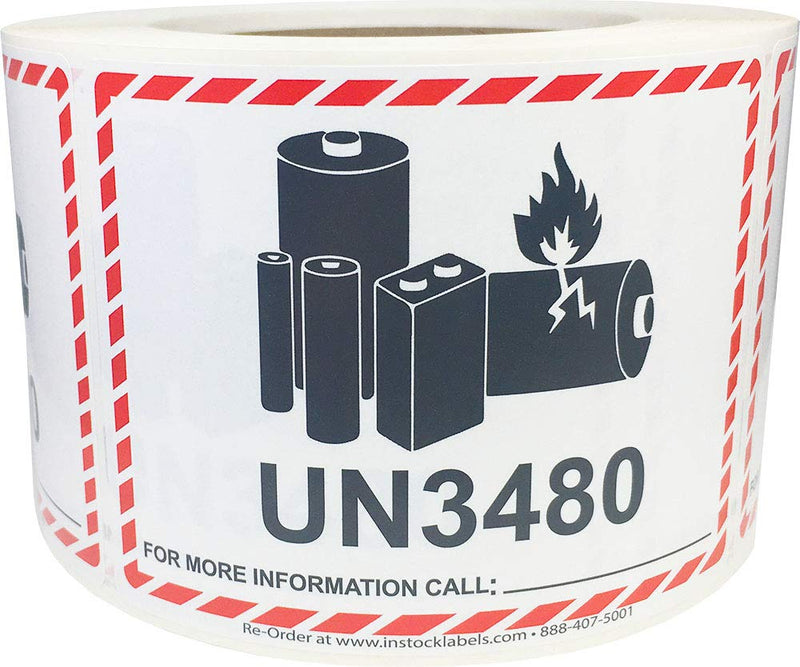 UN3480 Caution Lithium Battery Labels 3.25 x 4.25 Inch 500 Total Stickers for Smaller Packages Only