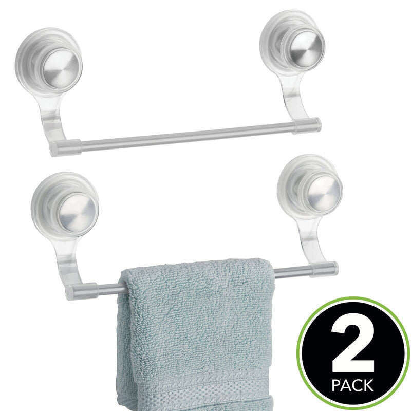 mDesign Strong Suction Wall Mount Plastic/Metal Wash Cloth Hand Towel Bar for Bathroom, Shower Stall, Bathtub - 2 Pack, Clear/Stainless Steel