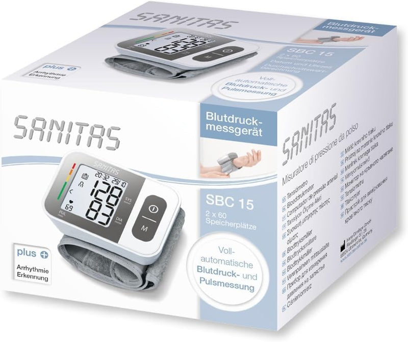 Sanitas SBC 15 Wrist Blood Pressure Monitor, Fully Automatic Blood Pressure and Pulse Monitor, Alarm for Possible Heart Rhythmia