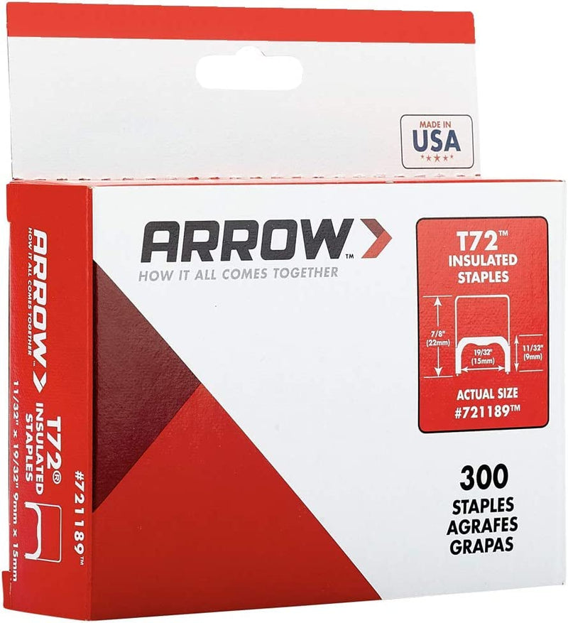 Arrow 721189 T72 Heavy Duty Steel Insulated Staples for Installing Cable/Wiring, 11/32-Inch Leg Length, 19/32-Inch Crown, 300-Pack