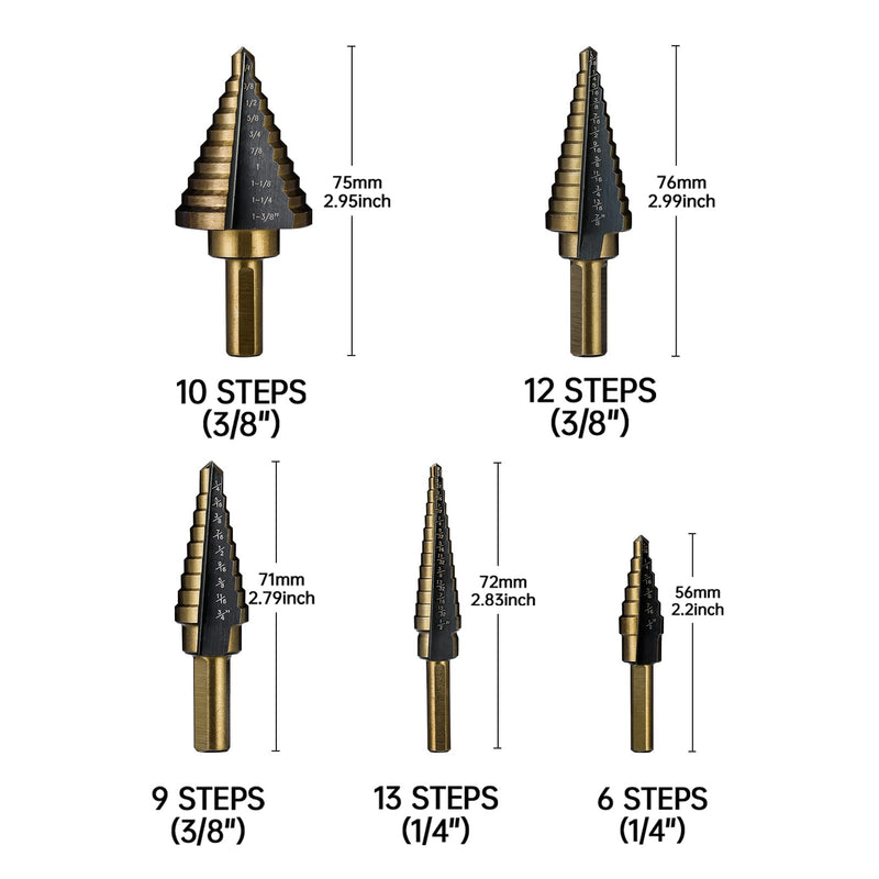 [Australia - AusPower] - Step Drill Bits, 5PCS HSS Titanium Step Drill Bit Set, 50 Sizes High Speed Steel Step Bits for Metal with Aluminum Case Straight 5 PC Set 