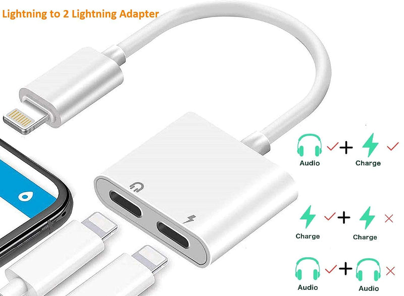 [Australia - AusPower] - [Apple MFi Certified] 2PACK iPhone Lightning to 2 Lightning Adapter, Dual Lightning AUX + Charger Adapter Dongle Cable Splitter Compatible with iPhone 12/11/SE/X/XR/XS/8/7/6 Support Call + Charging White 
