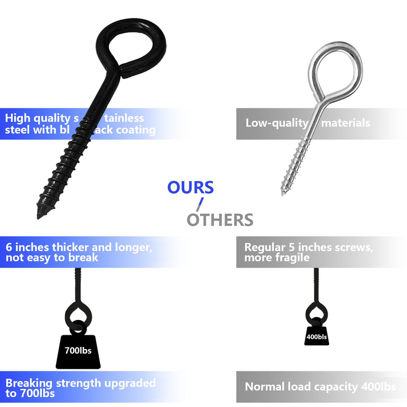 [Australia - AusPower] - 6'' Eye Hooks Screw, 4 Pcs Black Eye Hooks Heavy Duty 700LBS Breaking Strength Stainless Steel Self Tapping Eye Bolts for Hammock Swing Securing Cables Wire 