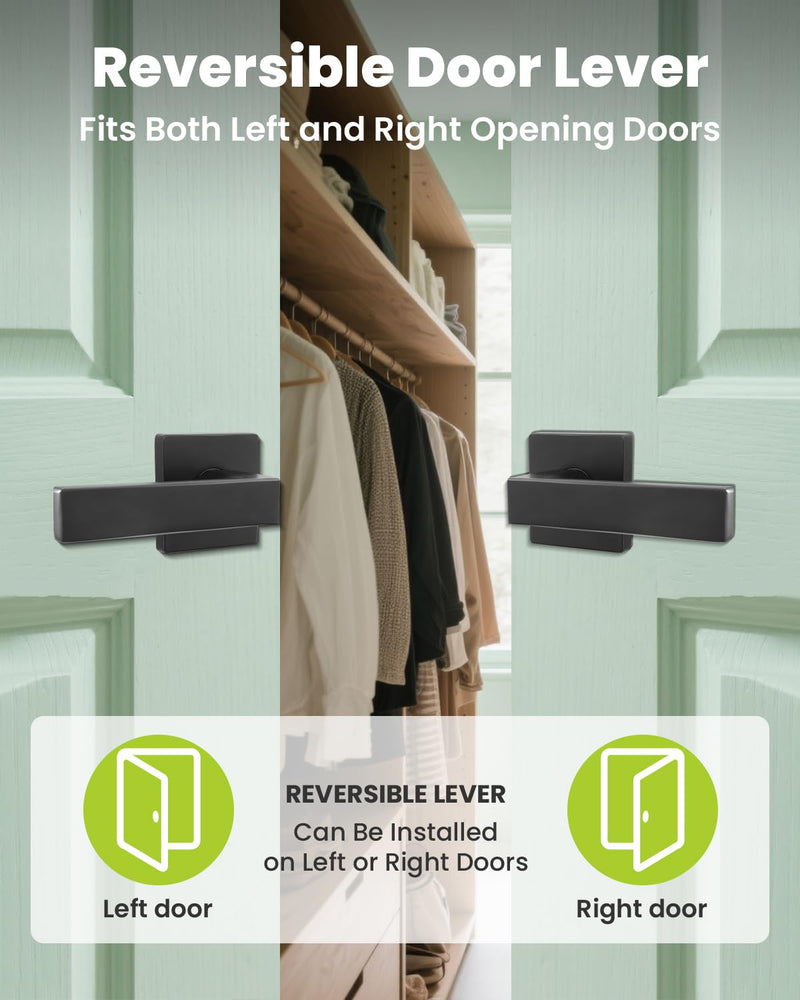 Passage Door Lever Dummy GreenShield Exterior Interior Door Handle for Hallway Closet Heavy Duty Non-Locking Lever Sets No Key Door Knob for Right Left Handed Door (1 Pack, Matte Black) 1 Pack Passage Matte Black